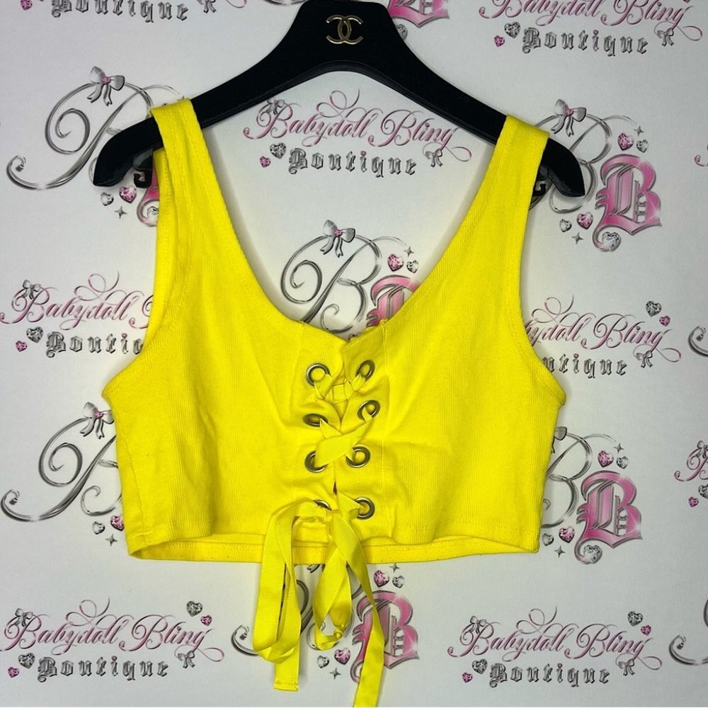 Corset tank top cropped neon yellow sunshine summer lace up ribbon bow tie 🎀